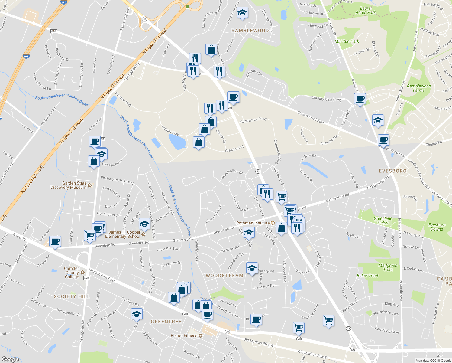 map of restaurants, bars, coffee shops, grocery stores, and more near 2016 Raven's Row in Marlton