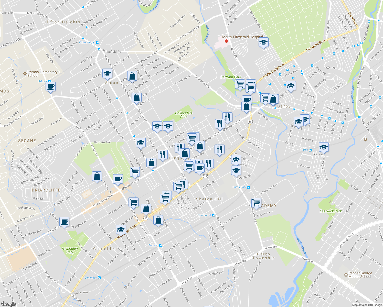 map of restaurants, bars, coffee shops, grocery stores, and more near 116 Felton Avenue in Collingdale