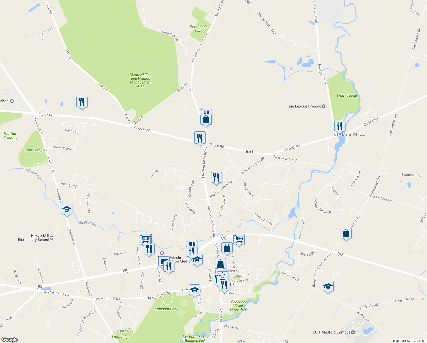 map of restaurants, bars, coffee shops, grocery stores, and more near 27 Saddler Drive in Medford
