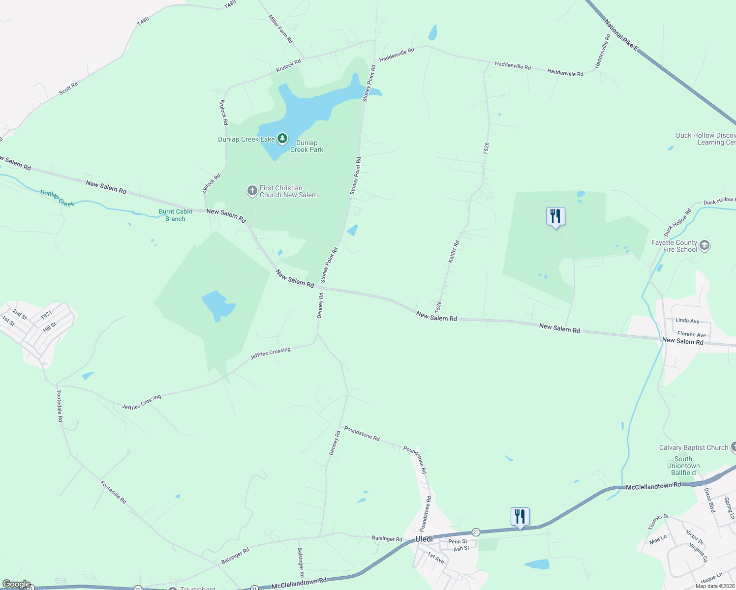 map of restaurants, bars, coffee shops, grocery stores, and more near 182 Denney Road in Uniontown
