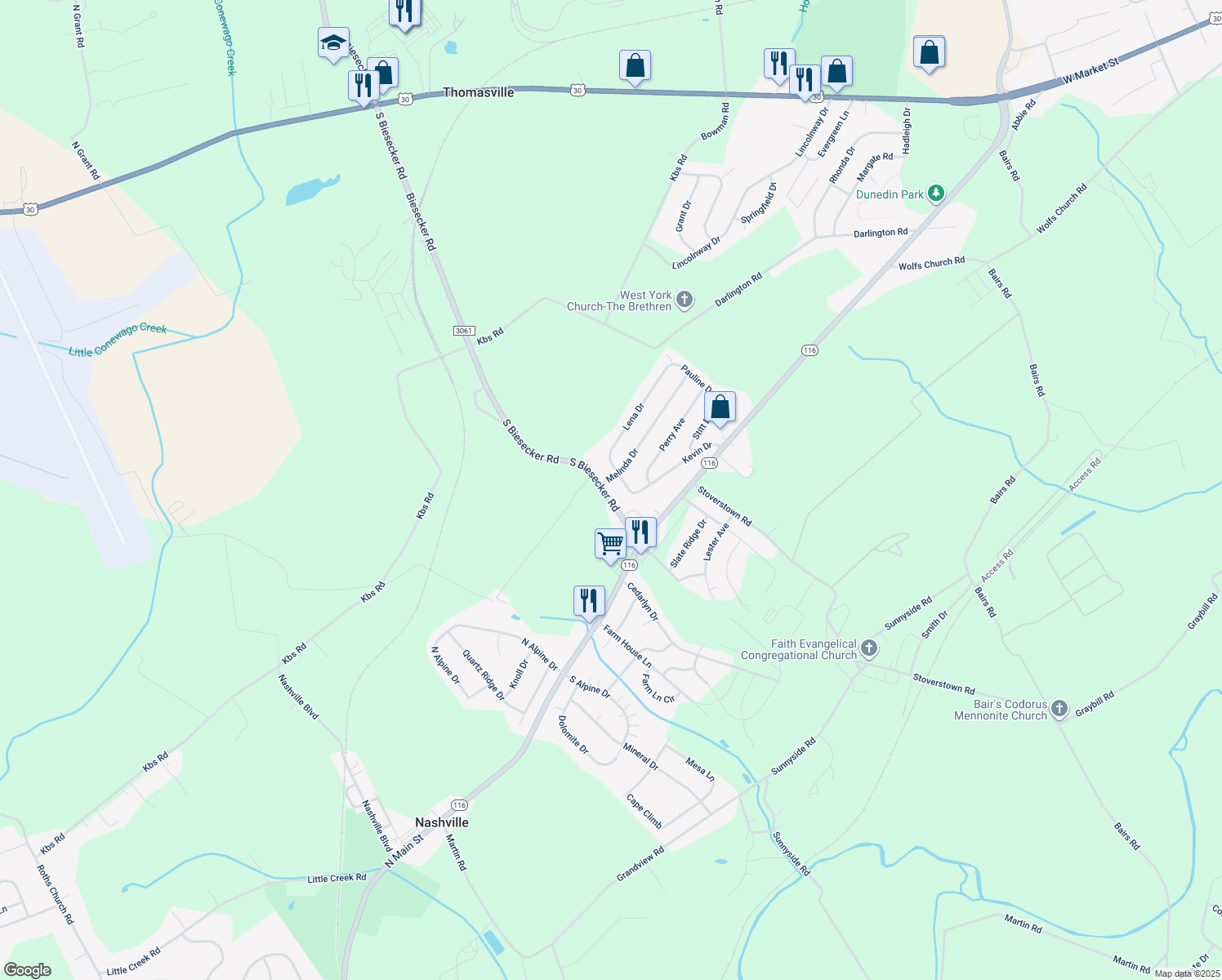 map of restaurants, bars, coffee shops, grocery stores, and more near 43 Biesecker Road in York