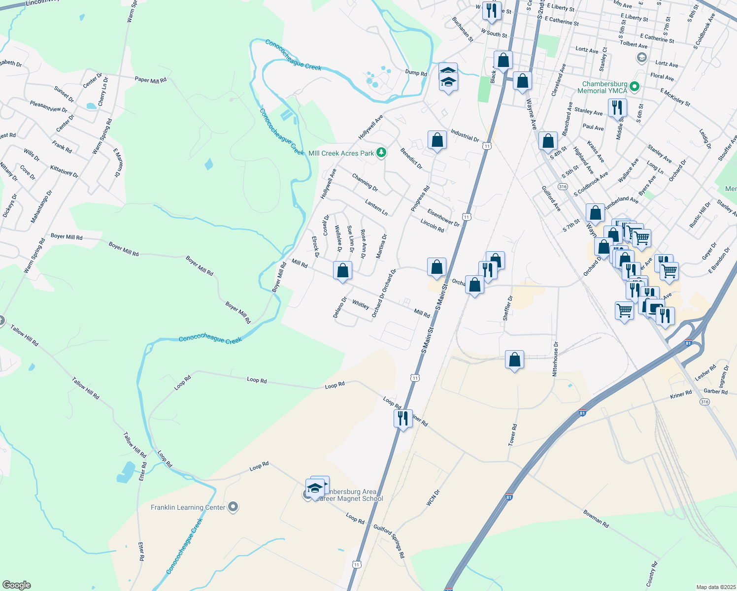 map of restaurants, bars, coffee shops, grocery stores, and more near 211 Mill Road in Chambersburg