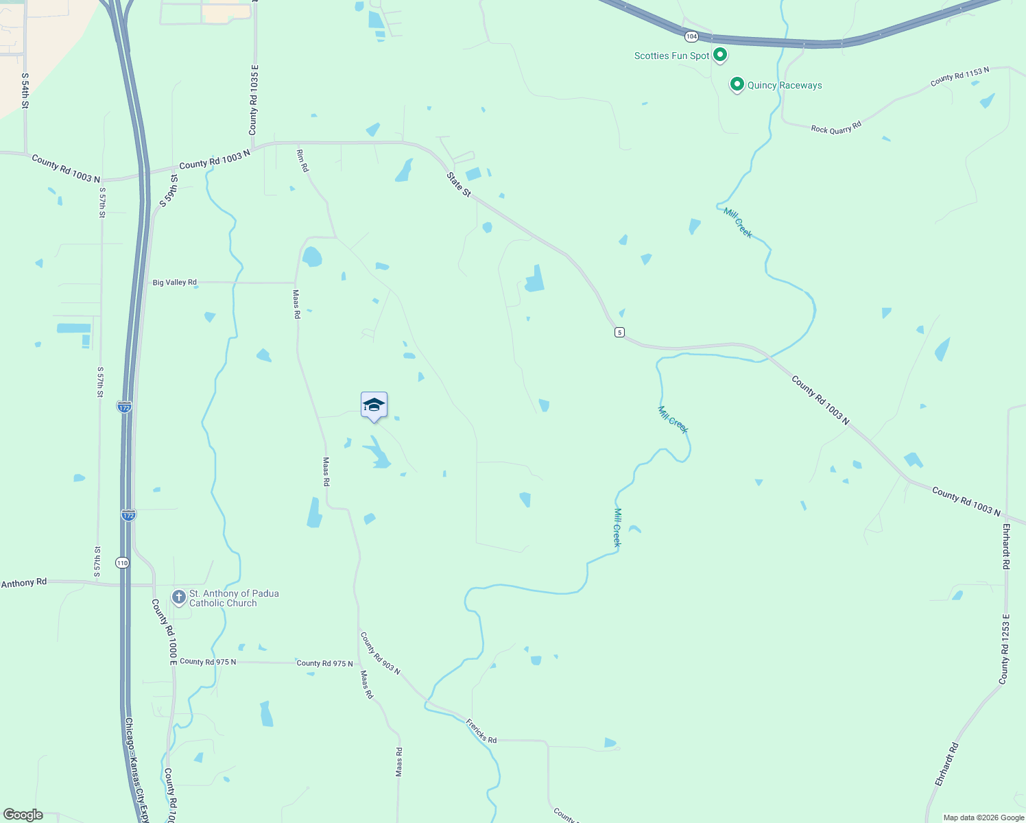 map of restaurants, bars, coffee shops, grocery stores, and more near 1601-2099 County Road 1120 East in Quincy