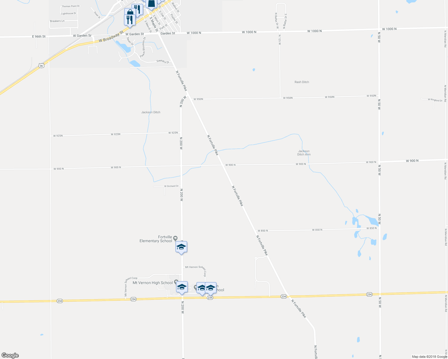 map of restaurants, bars, coffee shops, grocery stores, and more near 8918 North Fortville Pike in Fortville