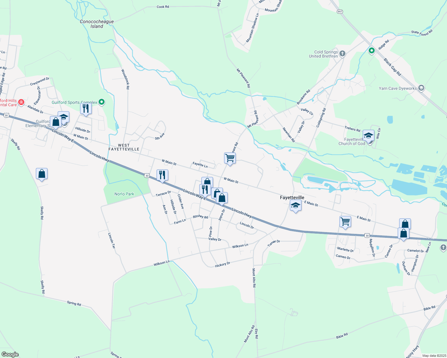 map of restaurants, bars, coffee shops, grocery stores, and more near 172 West Main Street in Fayetteville