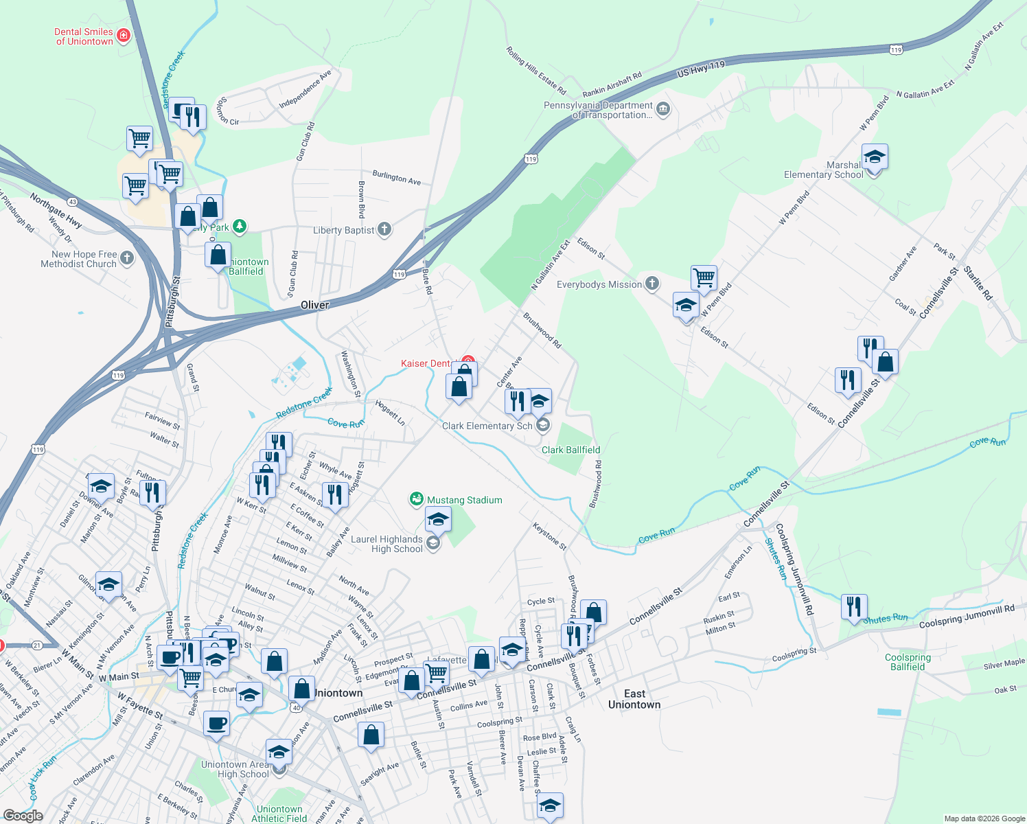 map of restaurants, bars, coffee shops, grocery stores, and more near 129 State St in Uniontown