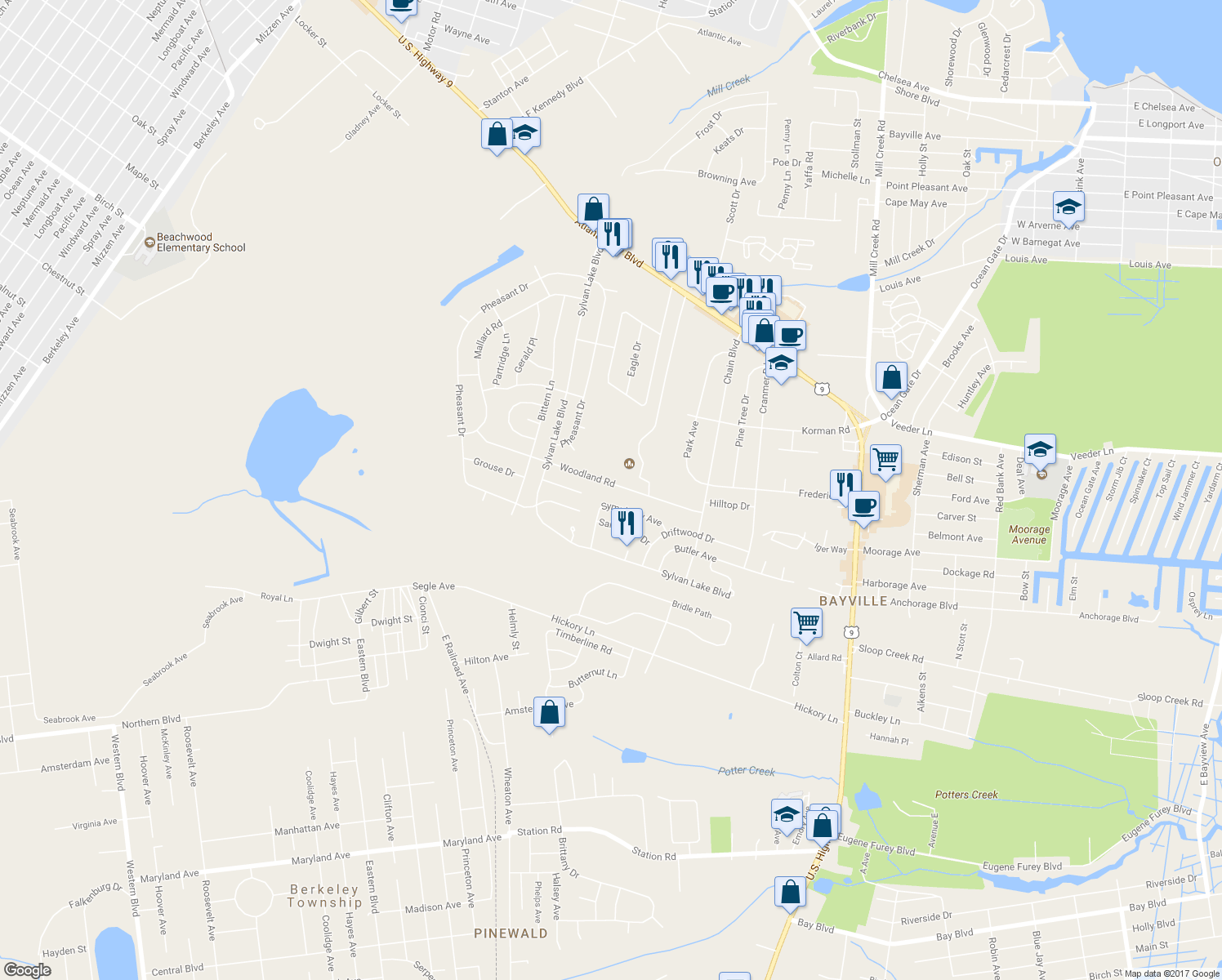 map of restaurants, bars, coffee shops, grocery stores, and more near 30 Woodland Road in Berkeley Township