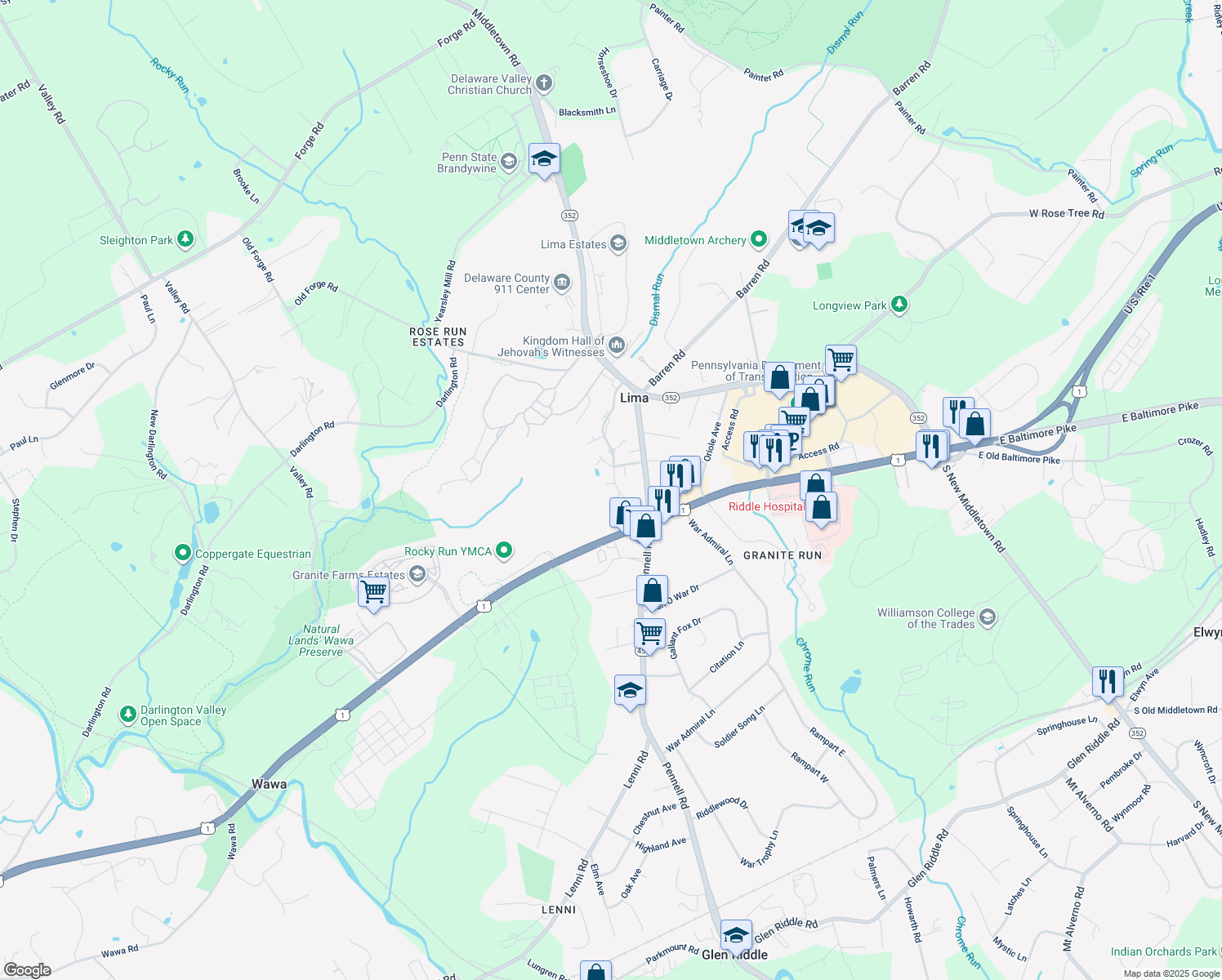 map of restaurants, bars, coffee shops, grocery stores, and more near 50 Potter Court in Media