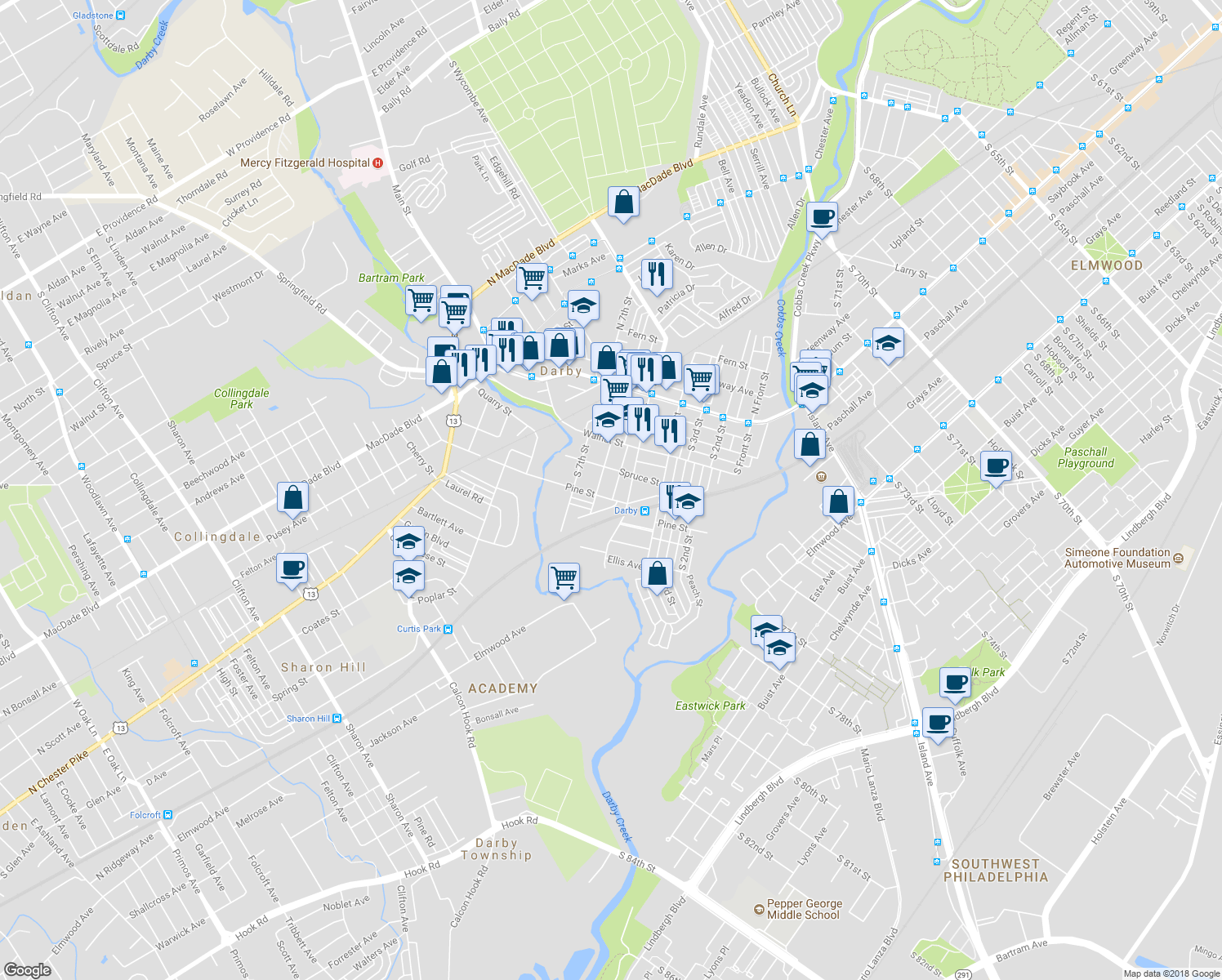 map of restaurants, bars, coffee shops, grocery stores, and more near 328 Moore Street in Darby