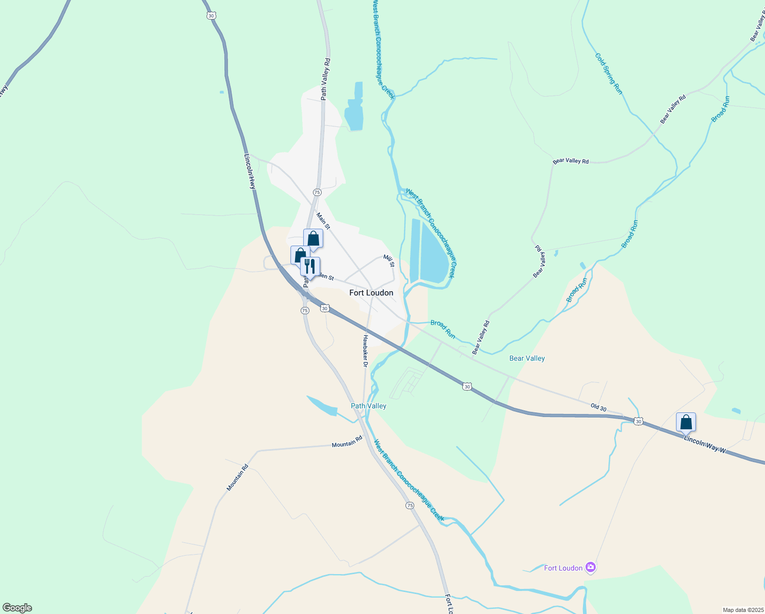 map of restaurants, bars, coffee shops, grocery stores, and more near 13014 Main Street in Fort Loudon