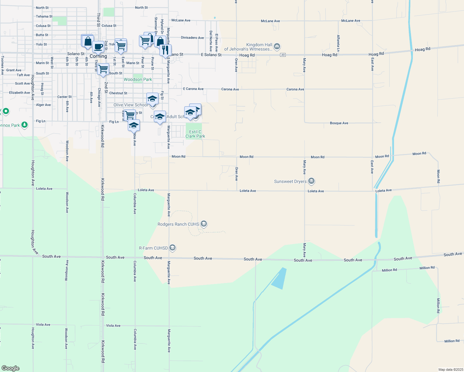 map of restaurants, bars, coffee shops, grocery stores, and more near 23468 Loleta Avenue in Corning