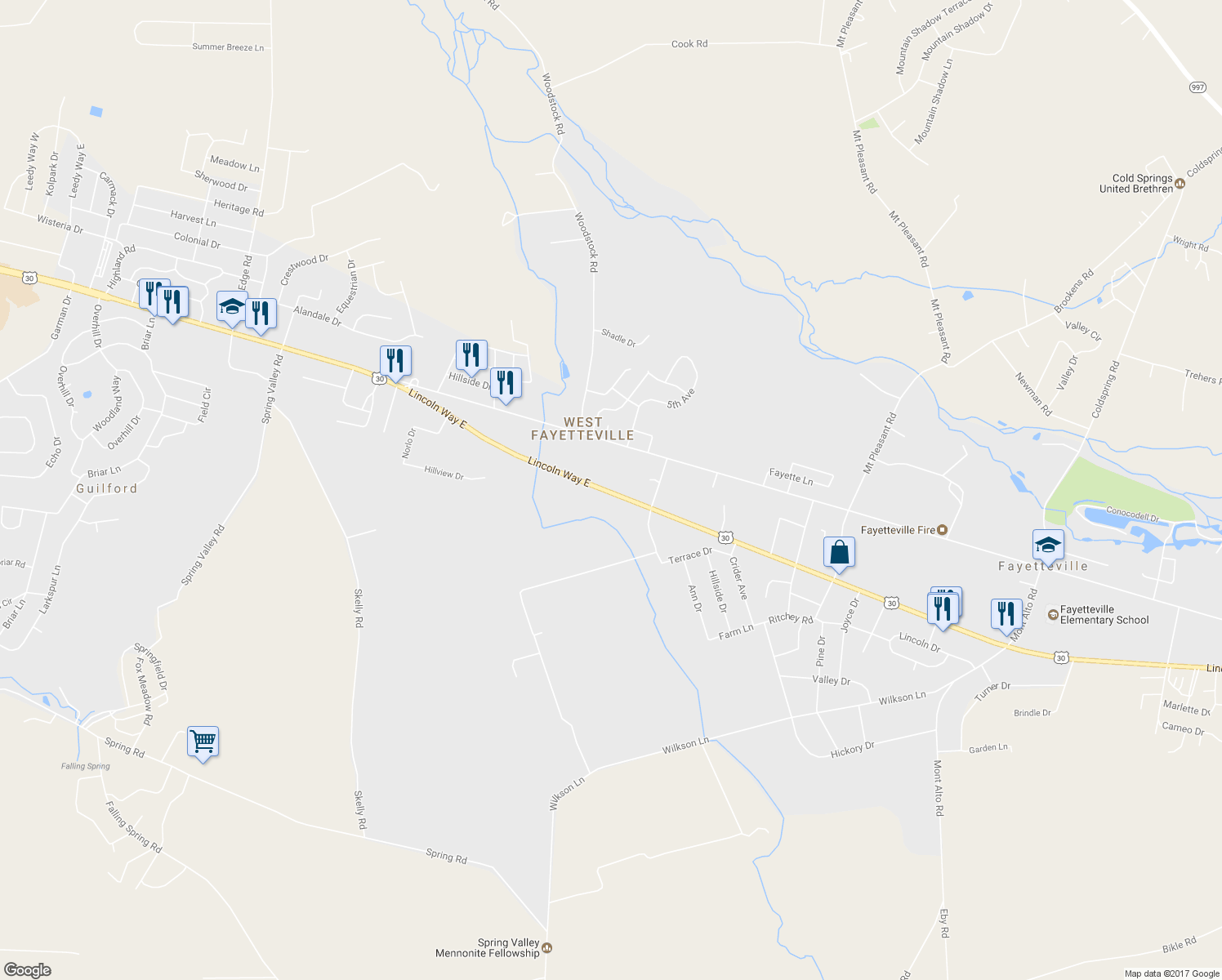 map of restaurants, bars, coffee shops, grocery stores, and more near 3015 Lincoln Way East in Fayetteville