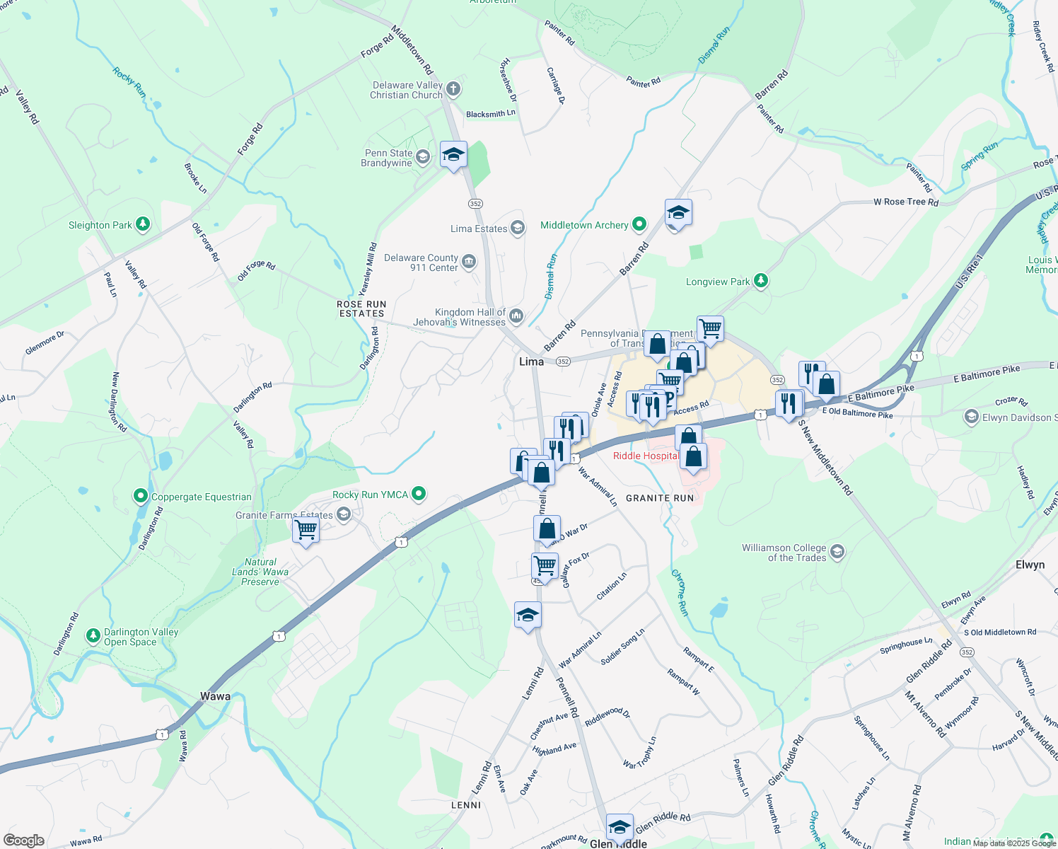 map of restaurants, bars, coffee shops, grocery stores, and more near 3 Ogden Court in Media