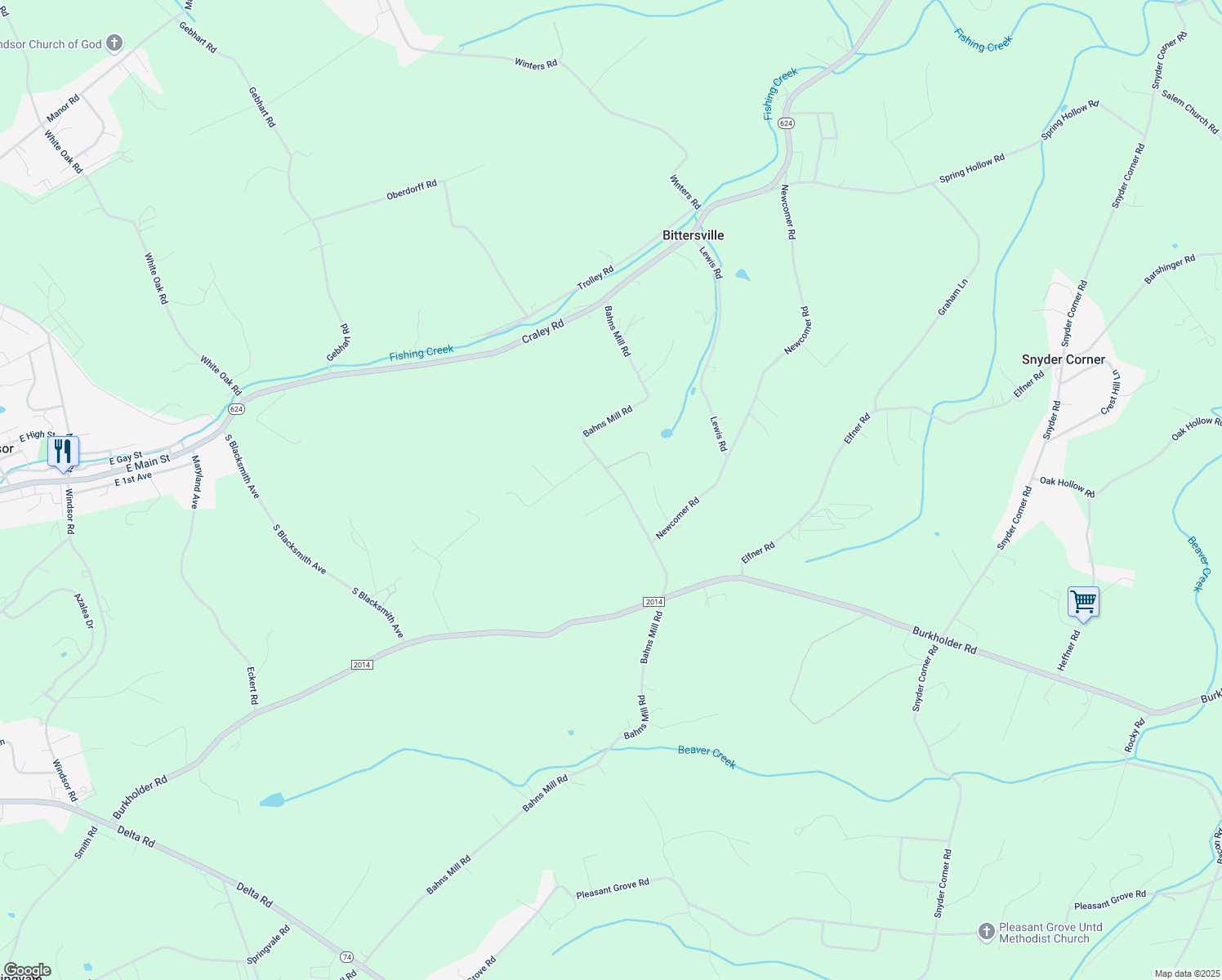 map of restaurants, bars, coffee shops, grocery stores, and more near 1450 Bahns Mill Road in Windsor