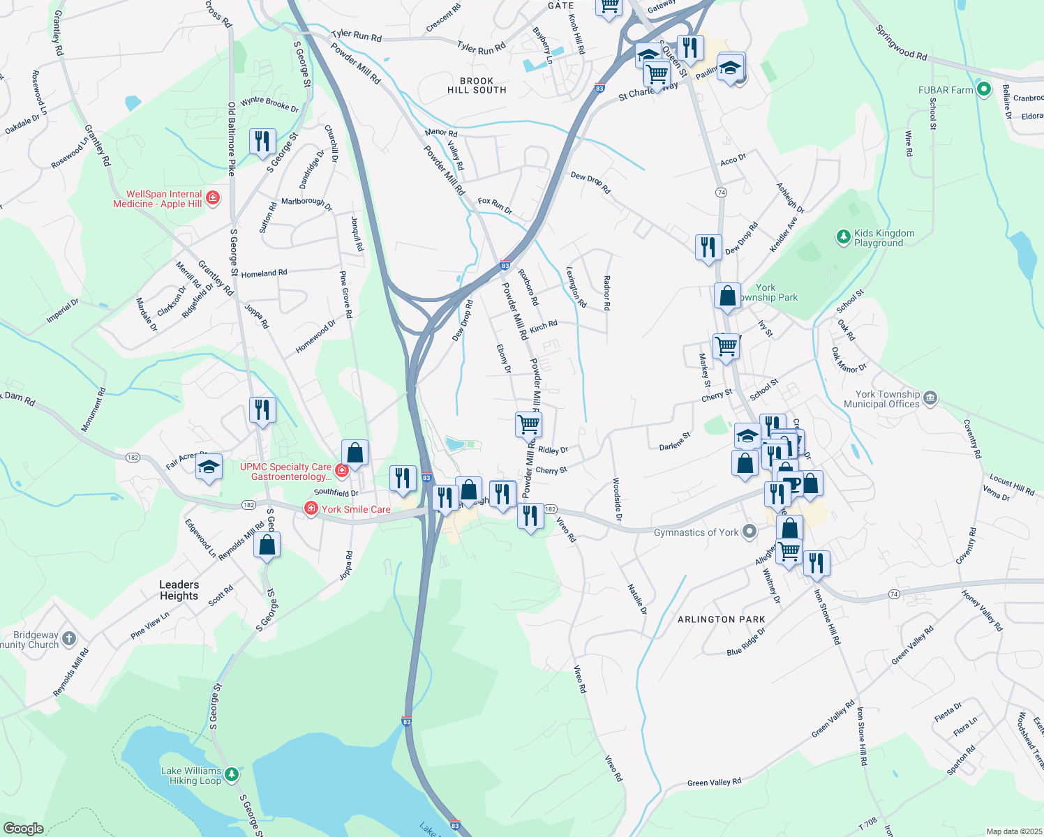 map of restaurants, bars, coffee shops, grocery stores, and more near 1905 Ebony Drive in York