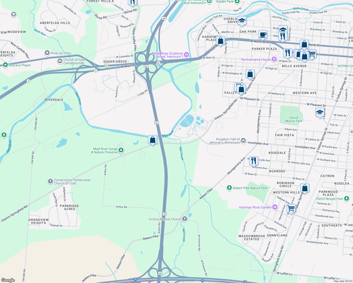 map of restaurants, bars, coffee shops, grocery stores, and more near 2284 Dayton Road in Springfield