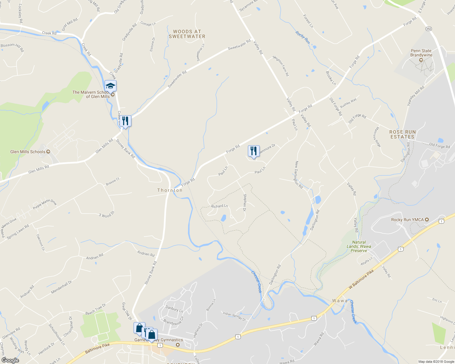 map of restaurants, bars, coffee shops, grocery stores, and more near 20 Paul Lane in Glen Mills