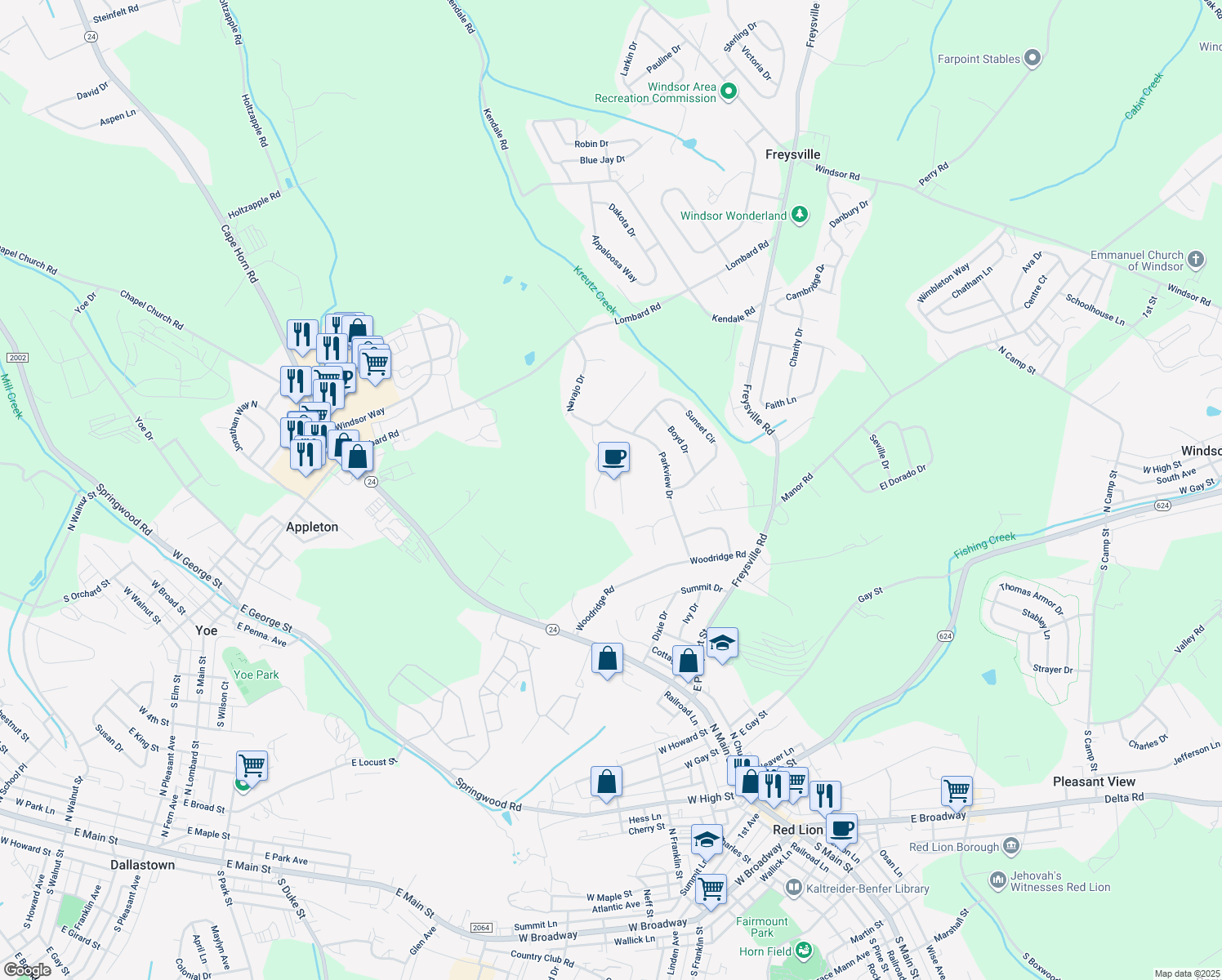map of restaurants, bars, coffee shops, grocery stores, and more near 422 Sarah Woods Drive in Red Lion