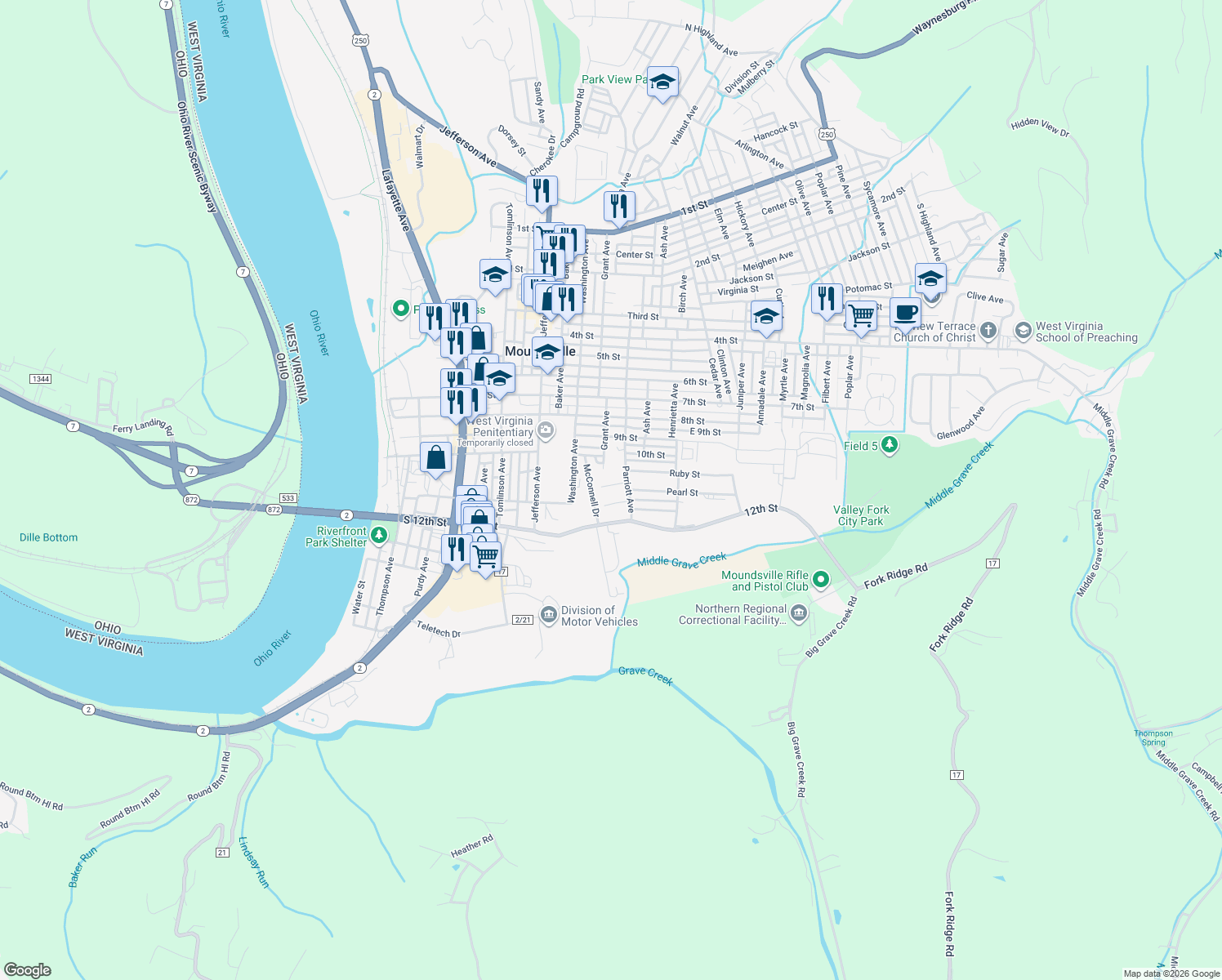 map of restaurants, bars, coffee shops, grocery stores, and more near 1207 Agnew St in Moundsville