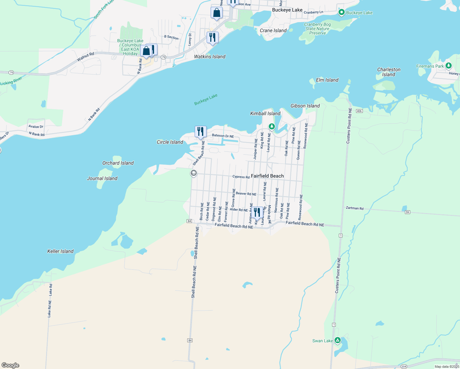 map of restaurants, bars, coffee shops, grocery stores, and more near 13298 Forrest Road Northeast in Thornville