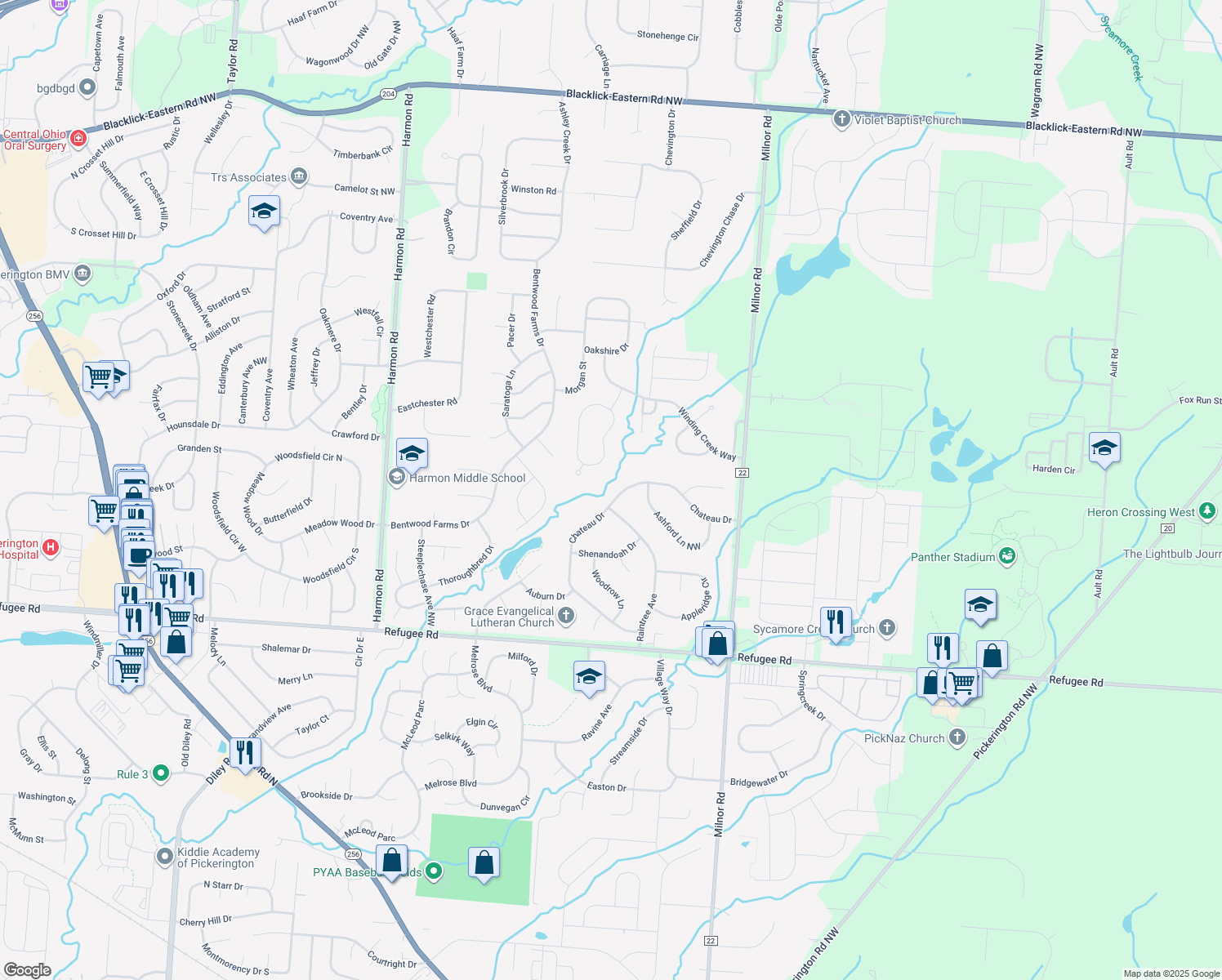 map of restaurants, bars, coffee shops, grocery stores, and more near 8804 Chateau Dr in Pickerington