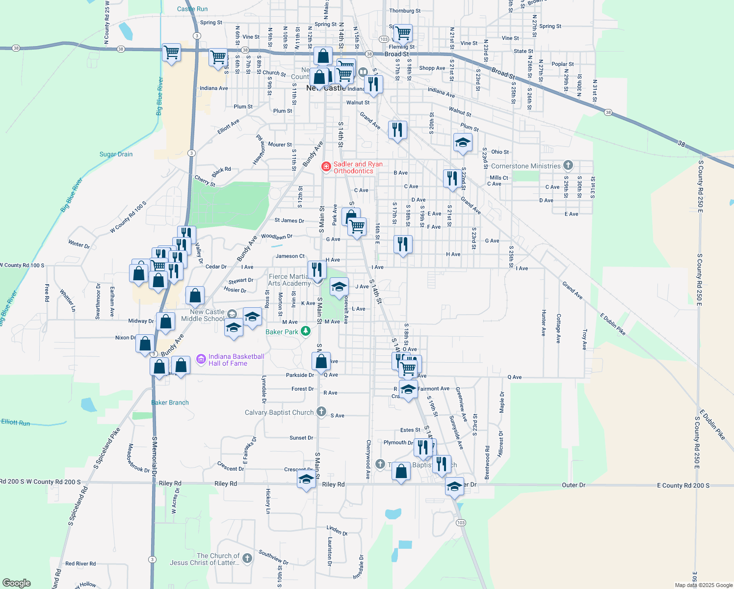 map of restaurants, bars, coffee shops, grocery stores, and more near 1713 Cherrywood Avenue in New Castle