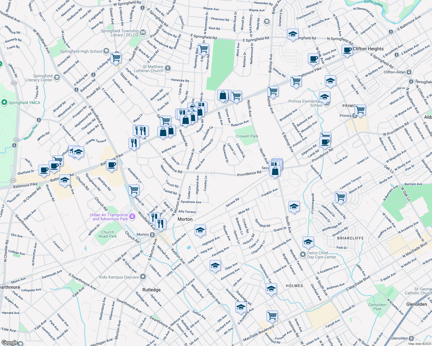 map of restaurants, bars, coffee shops, grocery stores, and more near 1165 Providence Rd in Springfield