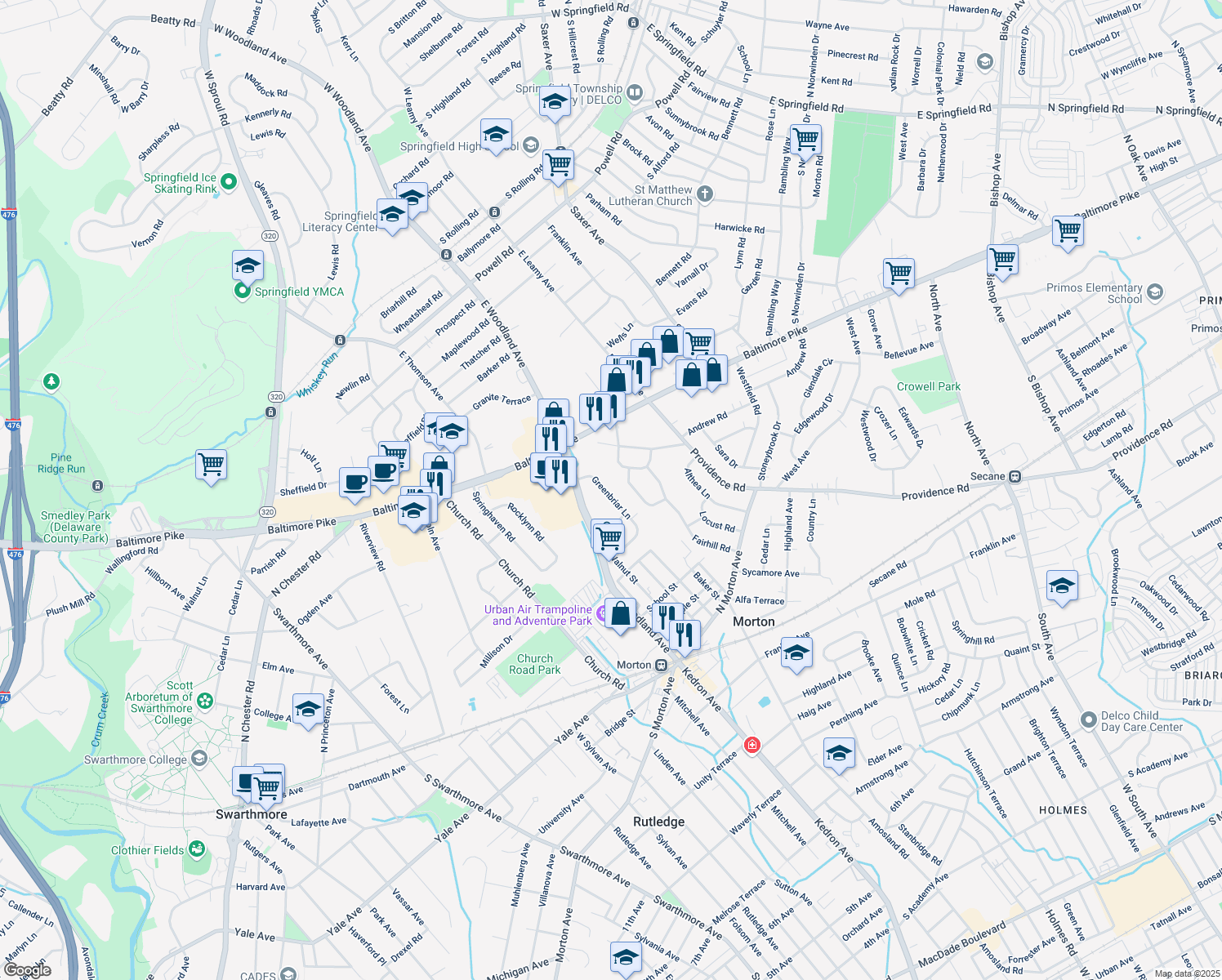 map of restaurants, bars, coffee shops, grocery stores, and more near 937 Greenbriar Lane in Springfield