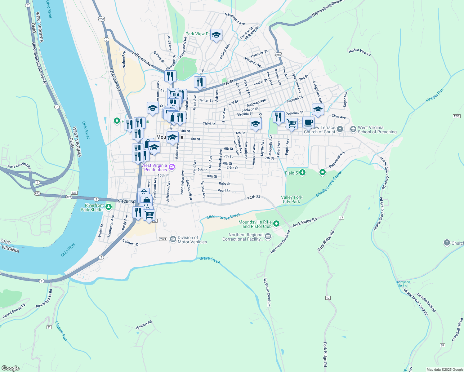 map of restaurants, bars, coffee shops, grocery stores, and more near 1613 Ruby St in Moundsville