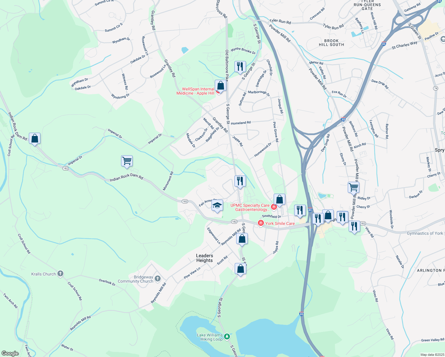 map of restaurants, bars, coffee shops, grocery stores, and more near 2421 Clairian Drive in York