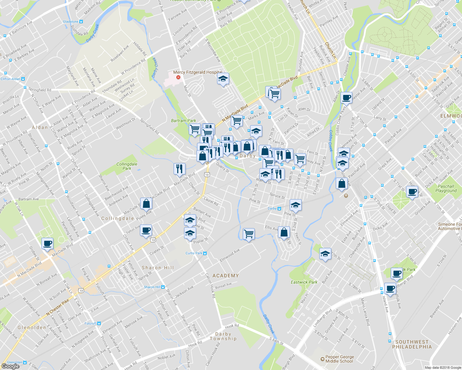 map of restaurants, bars, coffee shops, grocery stores, and more near 925 Lawrence Avenue in Darby
