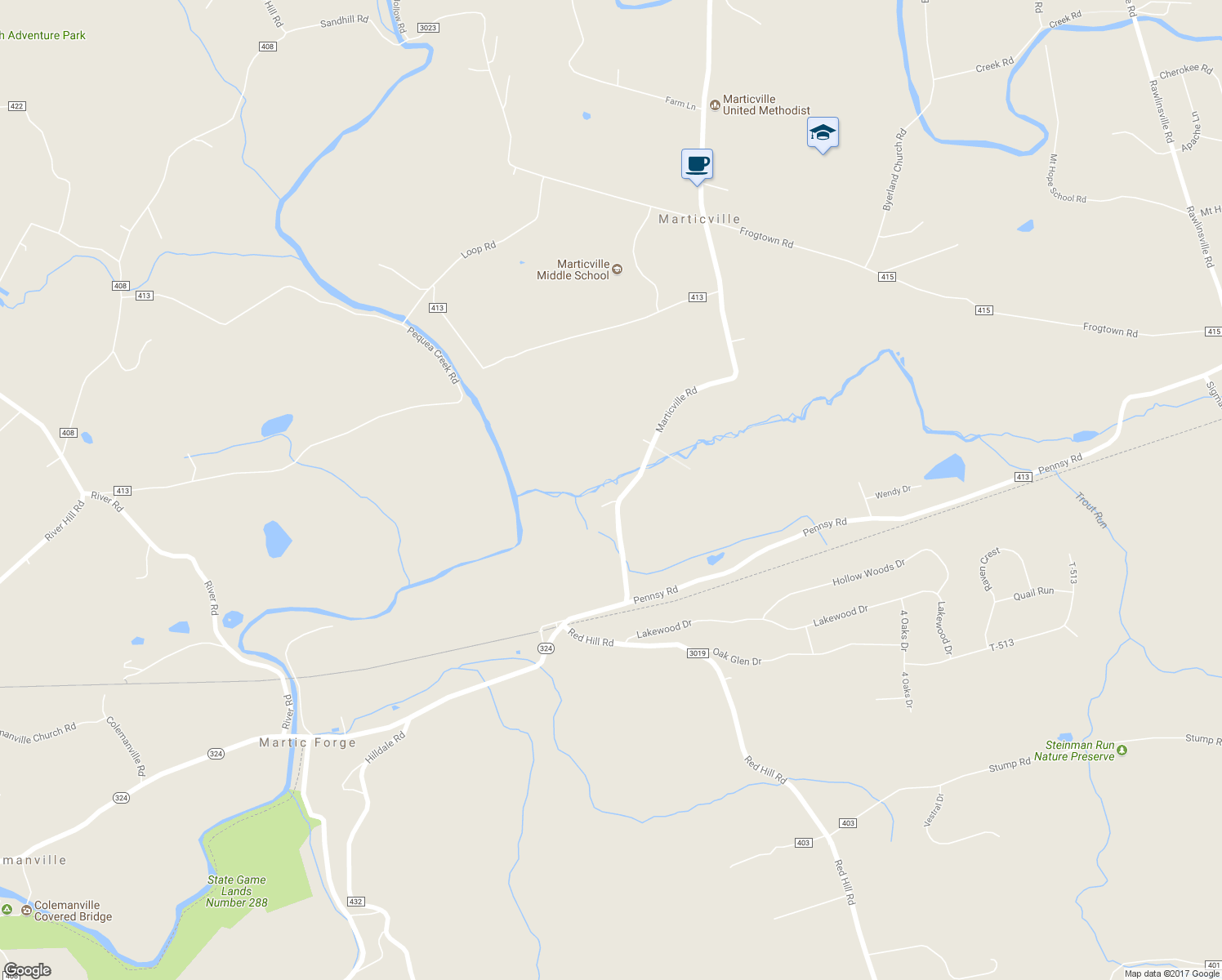 map of restaurants, bars, coffee shops, grocery stores, and more near 894 Marticville Road in Pequea
