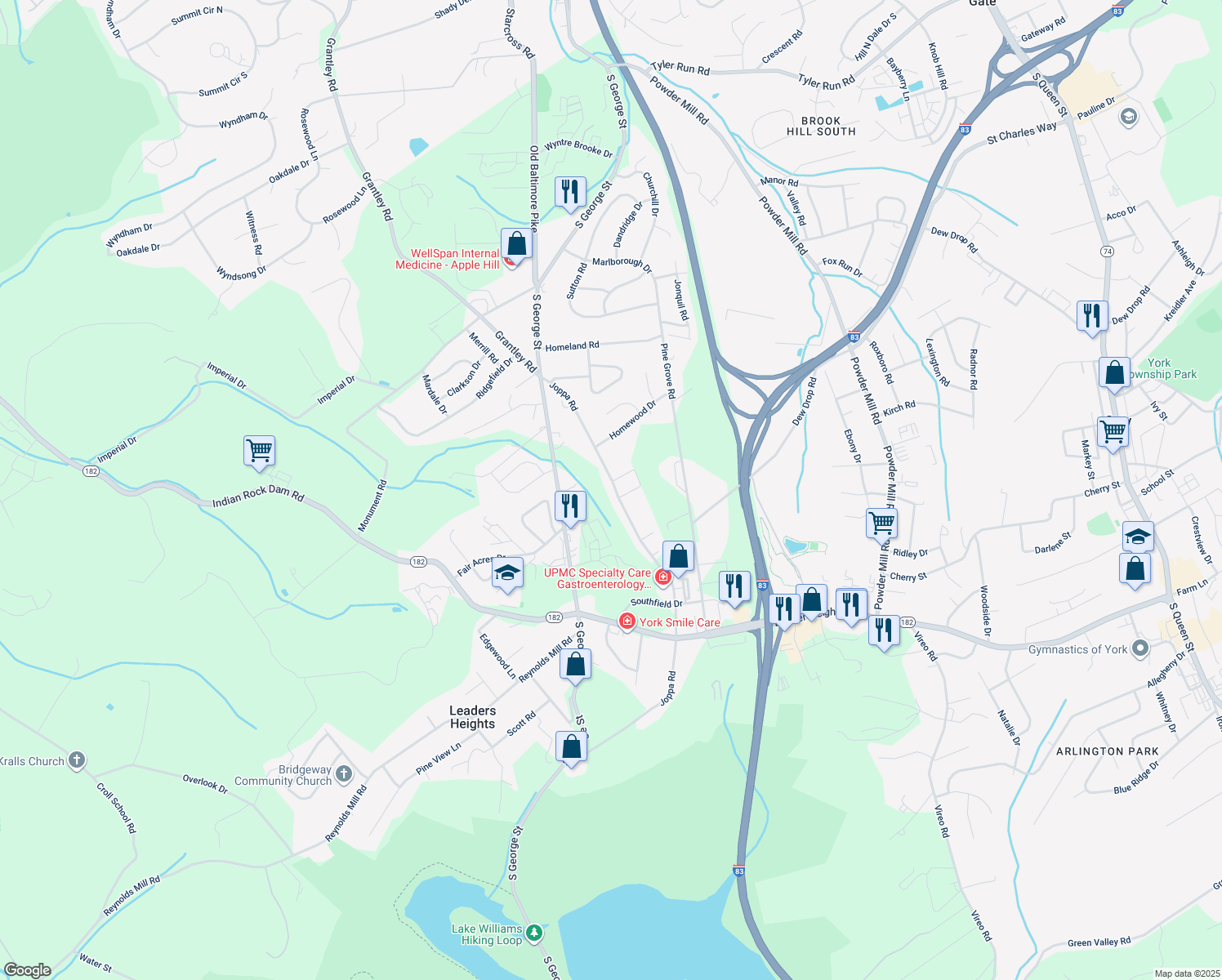map of restaurants, bars, coffee shops, grocery stores, and more near 2496 Joppa Road in York