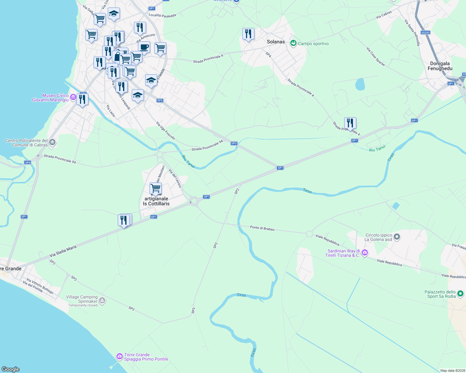 map of restaurants, bars, coffee shops, grocery stores, and more near SP1 in Provincia di Oristano