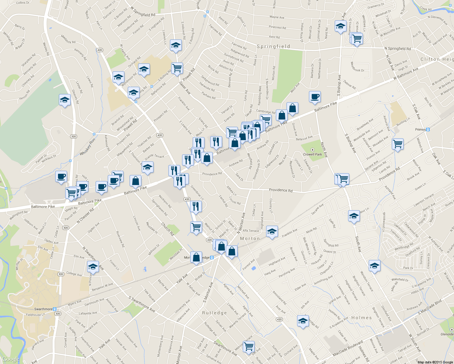 map of restaurants, bars, coffee shops, grocery stores, and more near 129 Althea Lane in Morton
