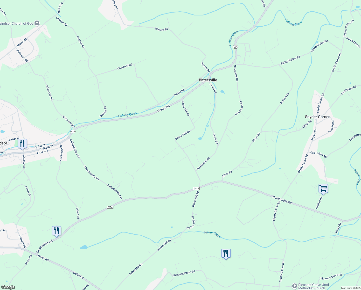 map of restaurants, bars, coffee shops, grocery stores, and more near 1505 Bahns Mill Road in Windsor