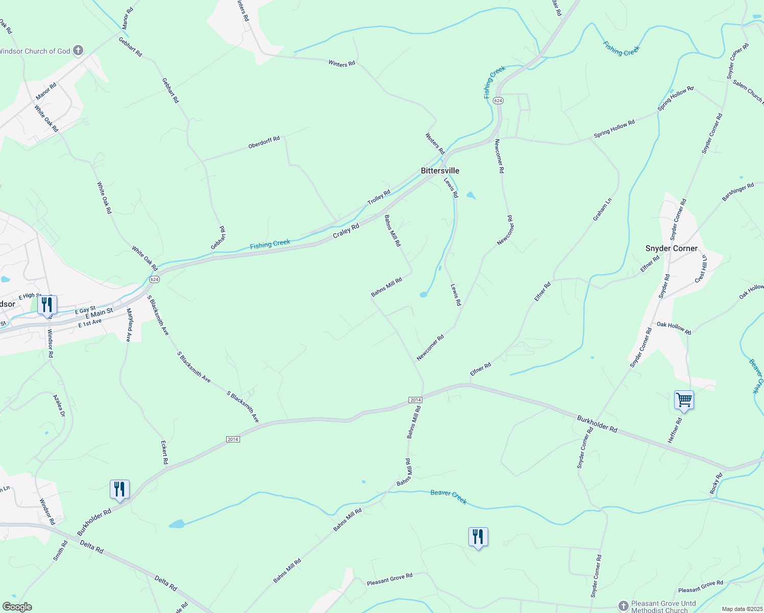 map of restaurants, bars, coffee shops, grocery stores, and more near 1505 Bahns Mill Road in Windsor