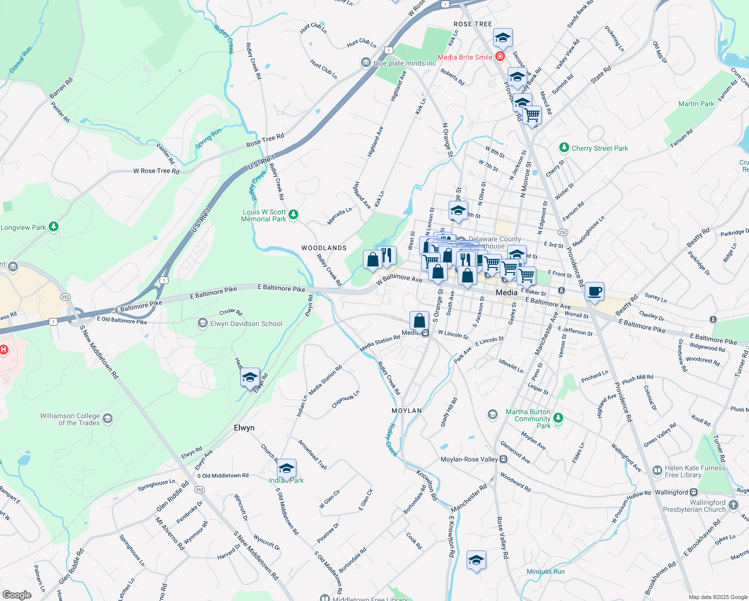 map of restaurants, bars, coffee shops, grocery stores, and more near 615 Painter Street in Media