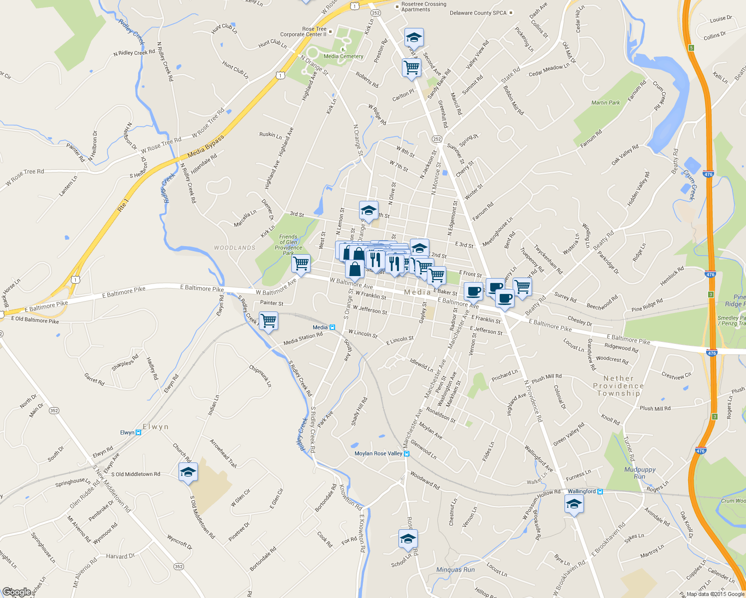 map of restaurants, bars, coffee shops, grocery stores, and more near 321 S Olive St in Media
