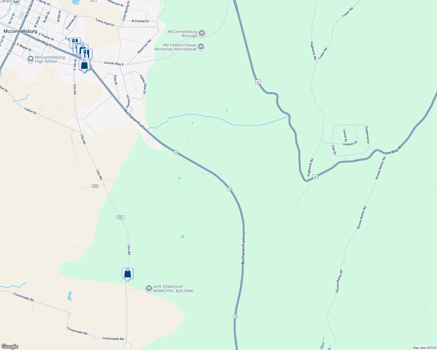 map of restaurants, bars, coffee shops, grocery stores, and more near 126 Water Tank Lane in McConnellsburg