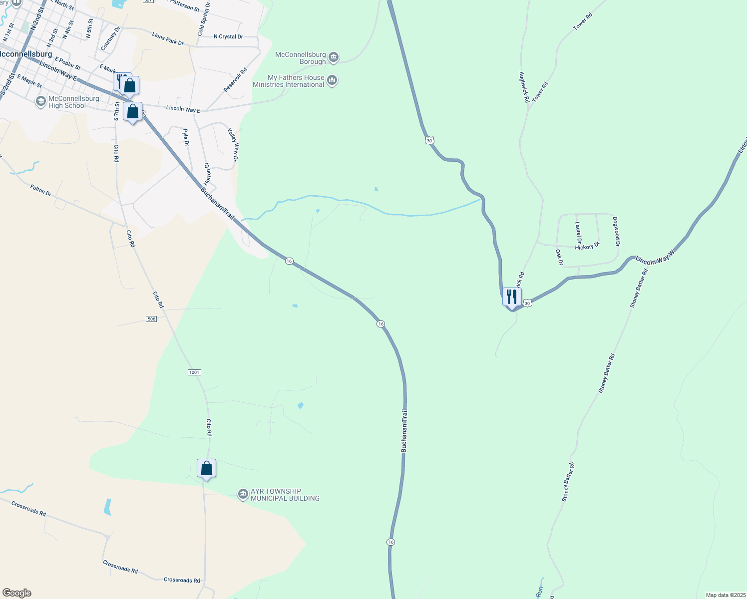 map of restaurants, bars, coffee shops, grocery stores, and more near 126 Water Tank Lane in McConnellsburg