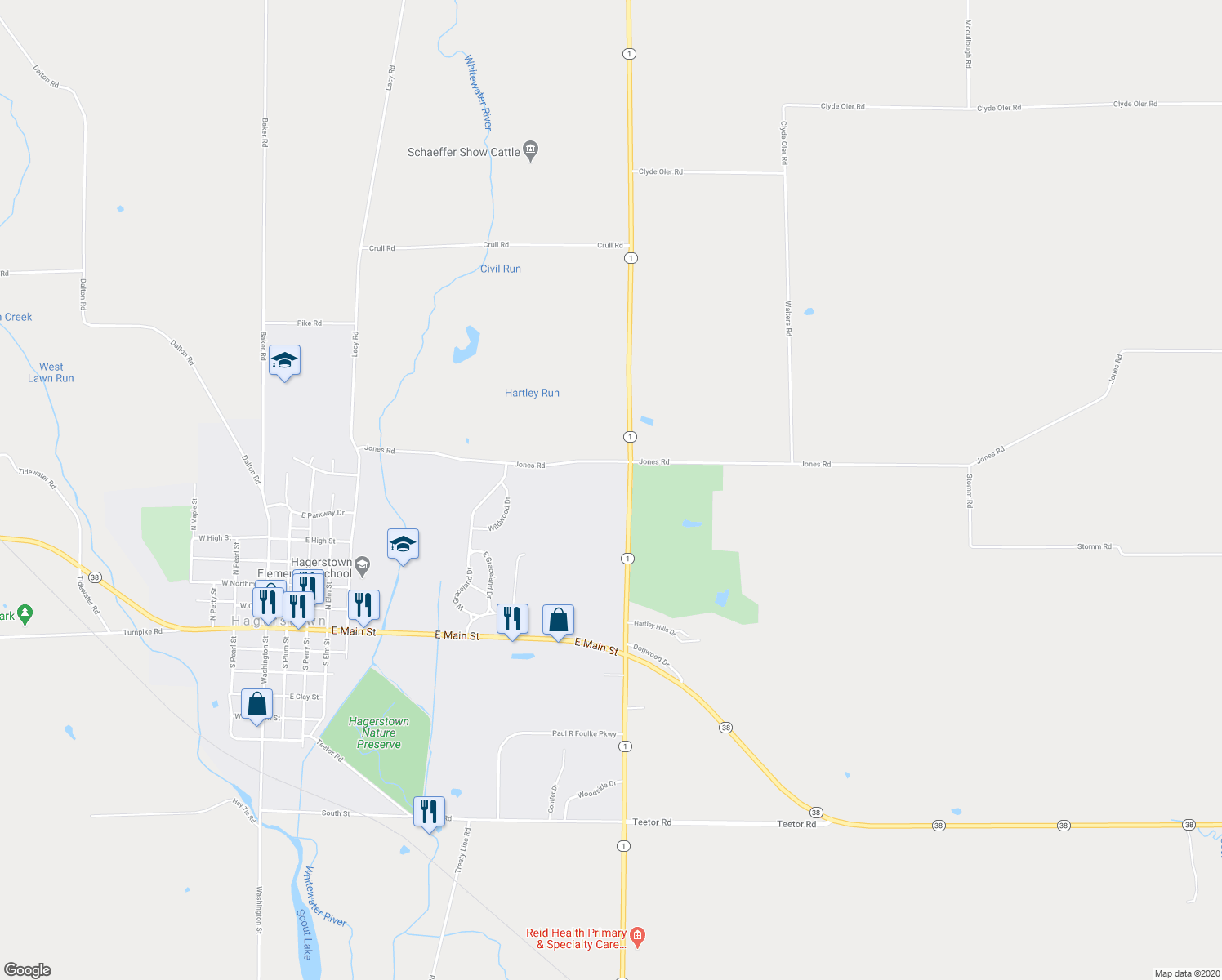 map of restaurants, bars, coffee shops, grocery stores, and more near 592 Woodpecker Road North in Hagerstown