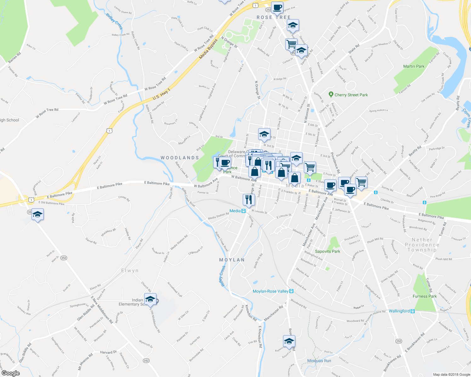 map of restaurants, bars, coffee shops, grocery stores, and more near 408 West Jefferson Street in Media