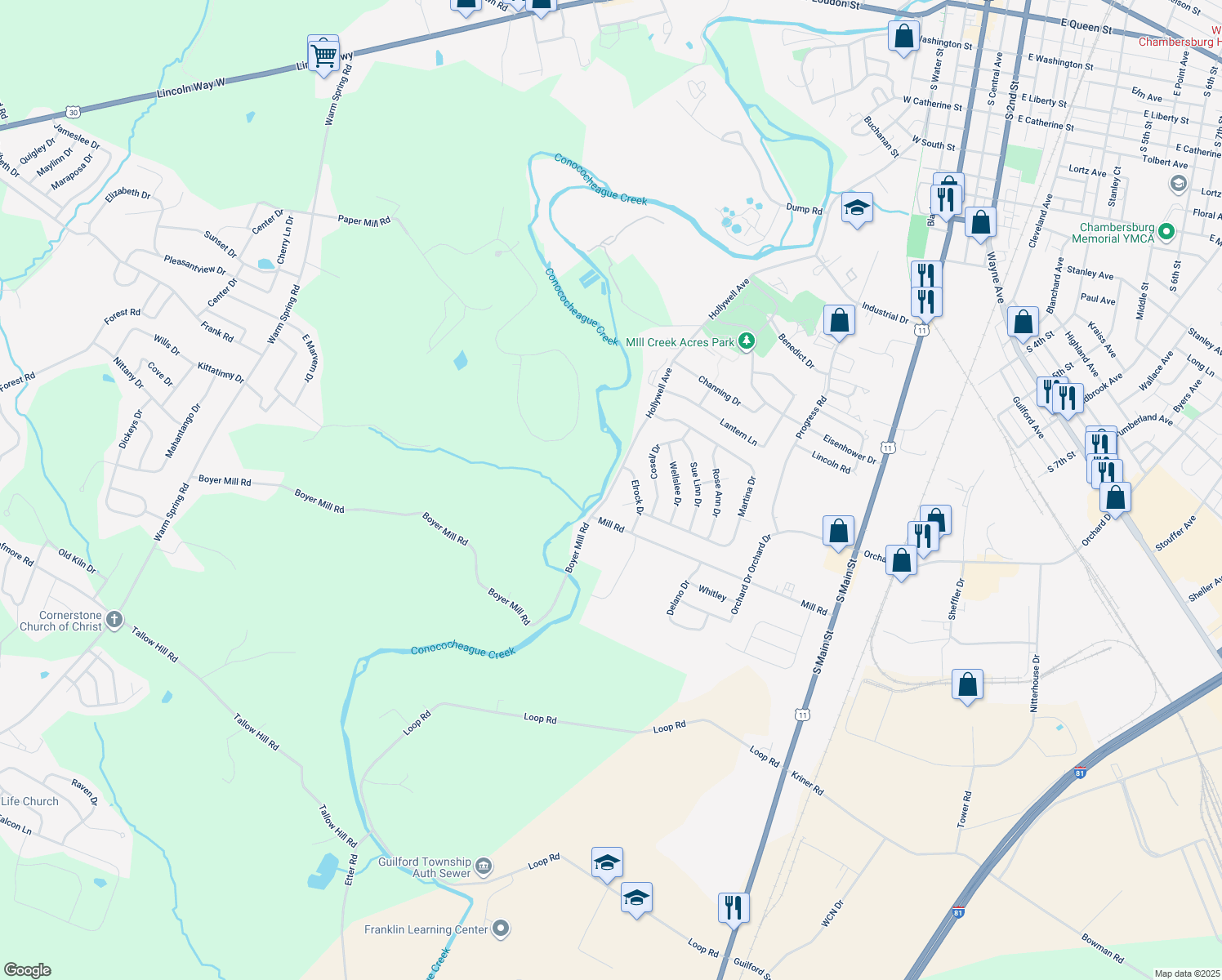 map of restaurants, bars, coffee shops, grocery stores, and more near 1448 Hollywell Avenue in Chambersburg