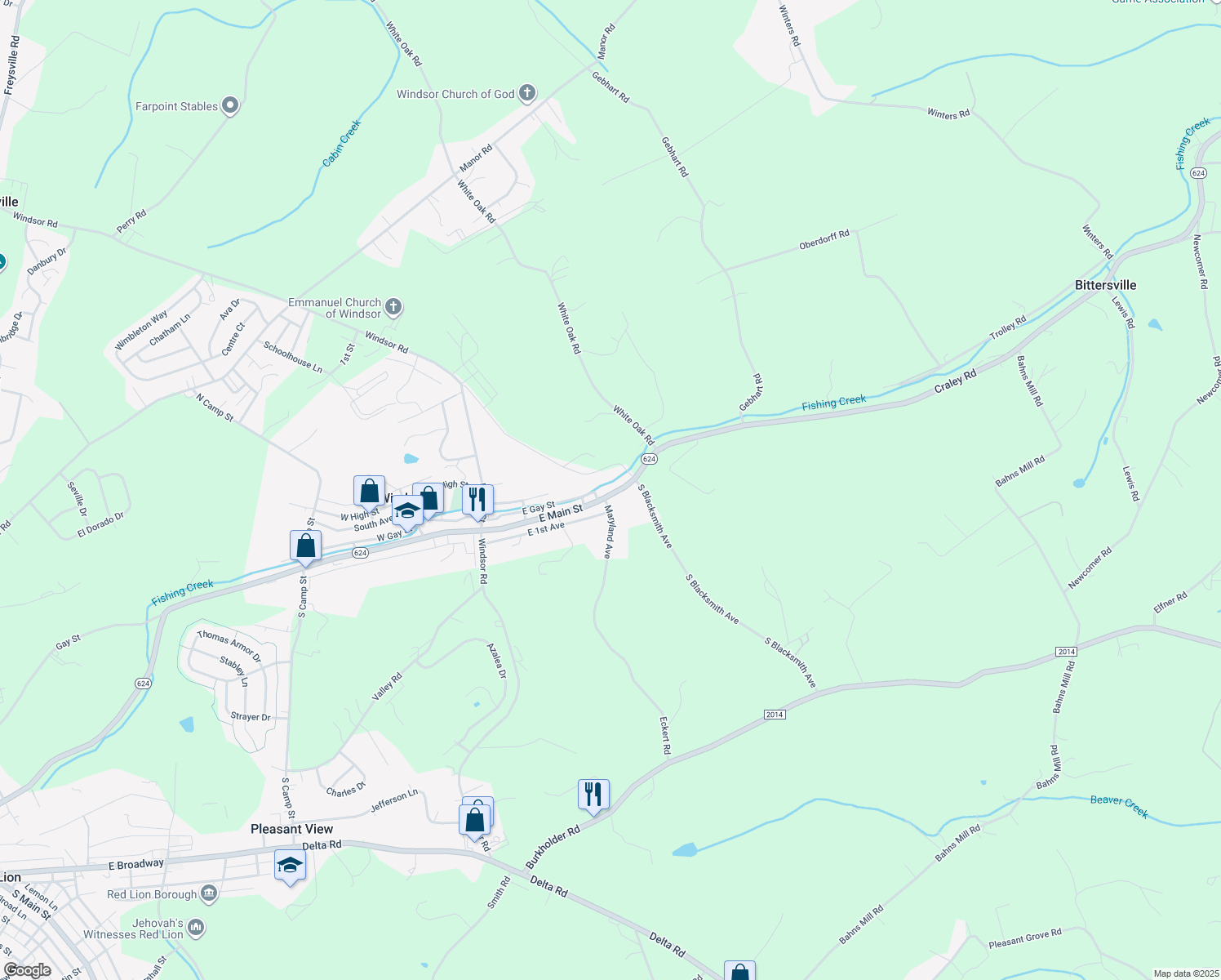 map of restaurants, bars, coffee shops, grocery stores, and more near 108 E Main St in Windsor