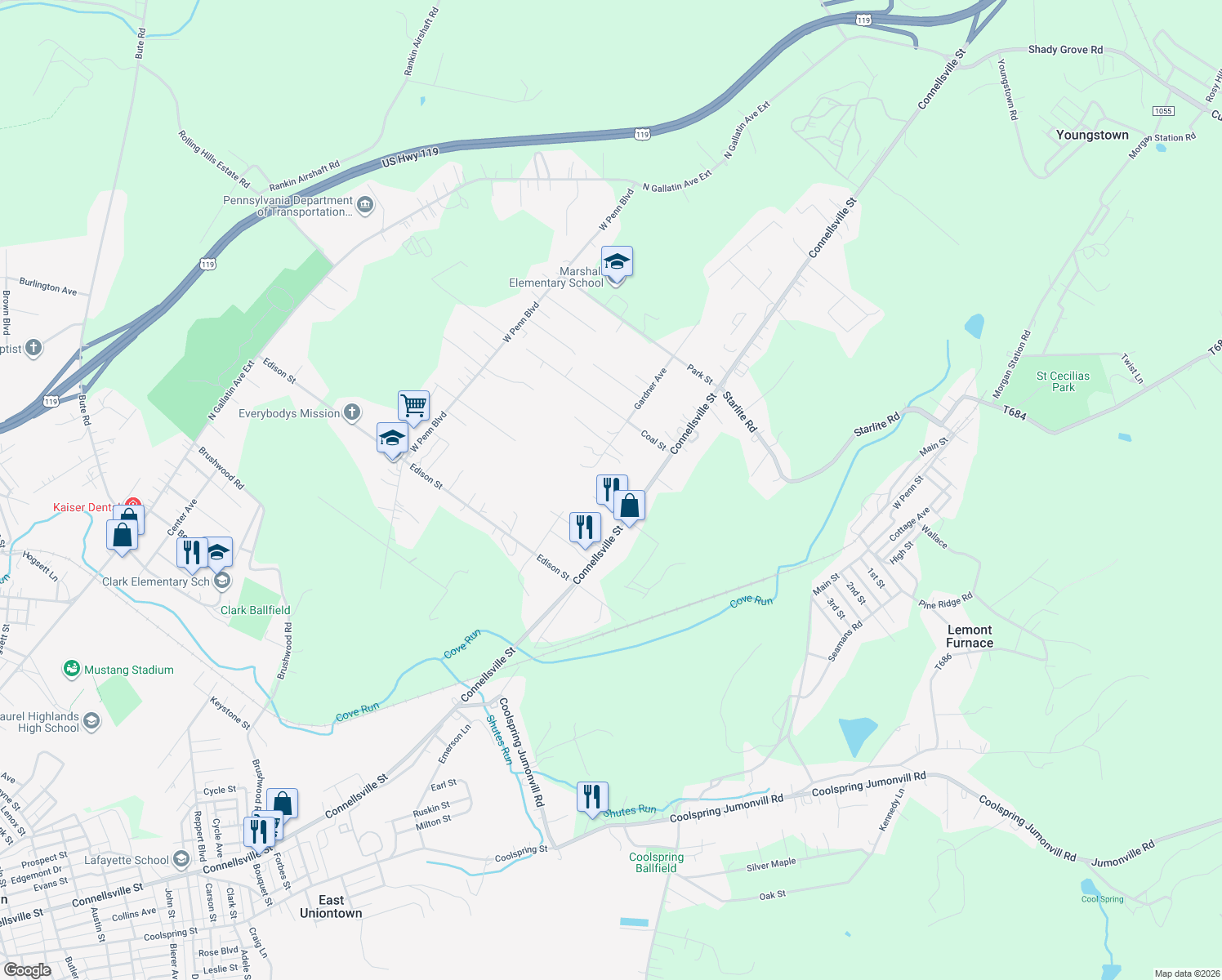 map of restaurants, bars, coffee shops, grocery stores, and more near 1249 Connellsville St in Lemont Furnace