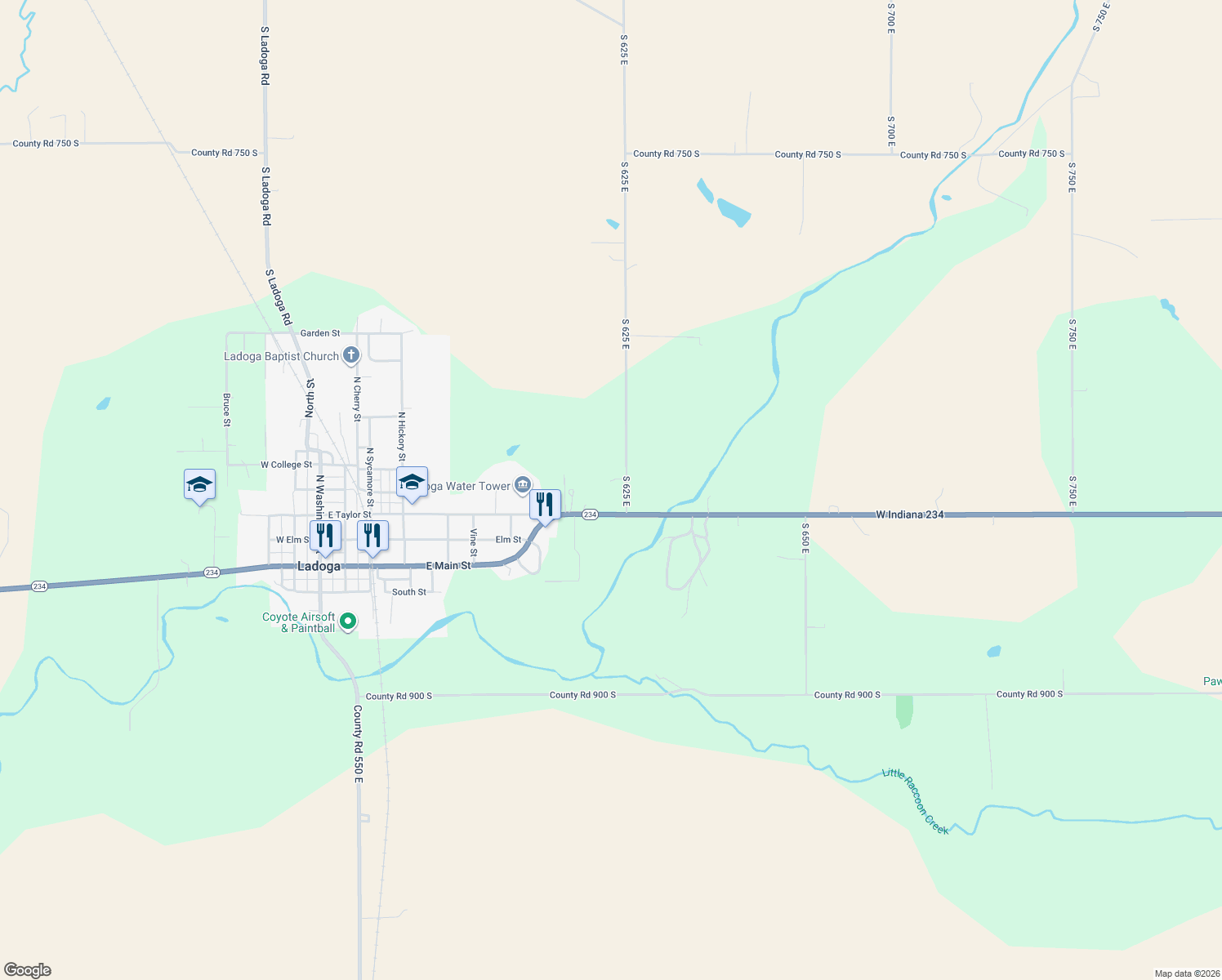 map of restaurants, bars, coffee shops, grocery stores, and more near 8443 South 625 East in Ladoga
