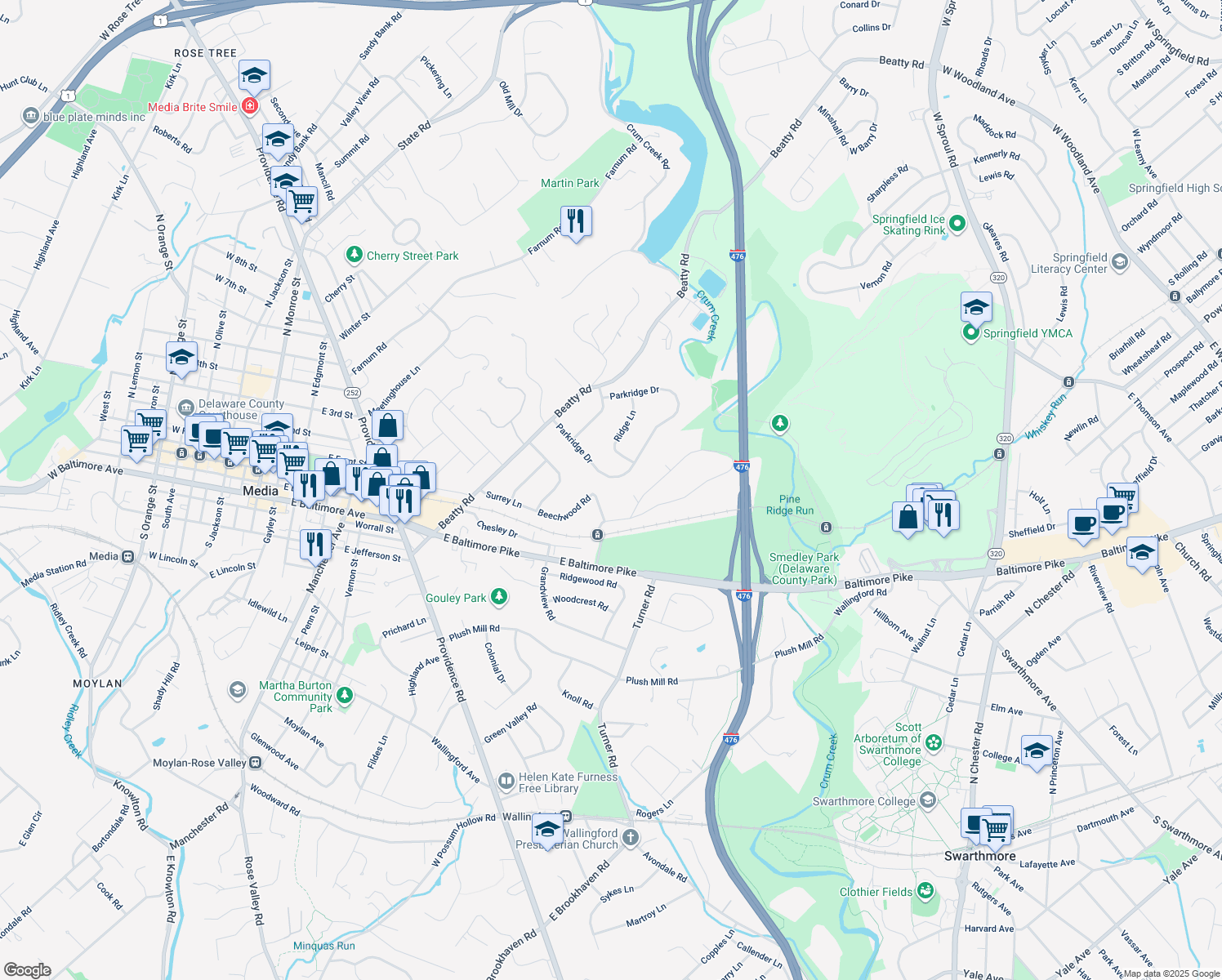 map of restaurants, bars, coffee shops, grocery stores, and more near 825 Parkridge Drive in Media