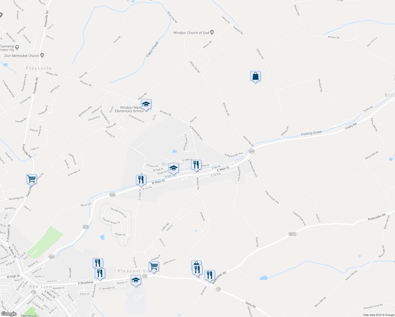 map of restaurants, bars, coffee shops, grocery stores, and more near 34 North Penn Street in Windsor