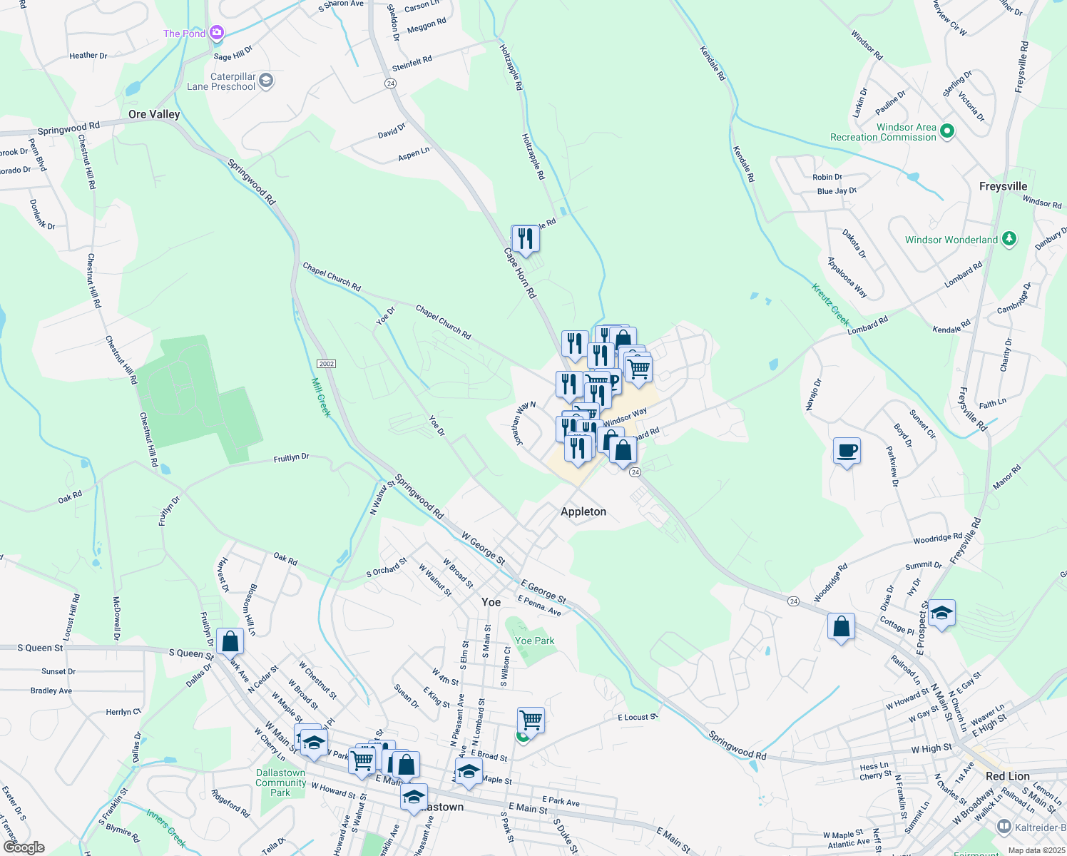 map of restaurants, bars, coffee shops, grocery stores, and more near 18 Steeple Avenue in Red Lion
